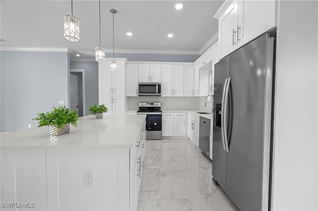 570 Sherwood Ave S, Lehigh Acres, FL 33974 - kitchen with stainless steel appliances, ornamental molding, a sink, light marble finish floors, and white cabinets