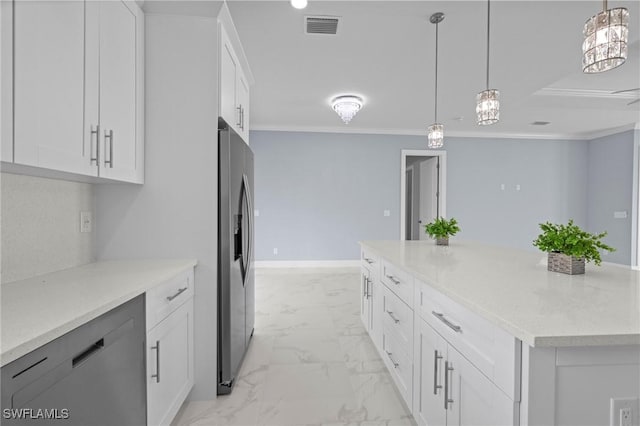 570 Sherwood Ave S, Lehigh Acres, FL 33974 - kitchen with light marble finish flooring, stainless steel fridge with ice dispenser, white cabinetry, pendant lighting, and crown molding