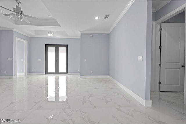570 Sherwood Ave S, Lehigh Acres, FL 33974 - spare room with ornamental molding, ceiling fan, baseboards, light marble finish floors, and recessed lighting
