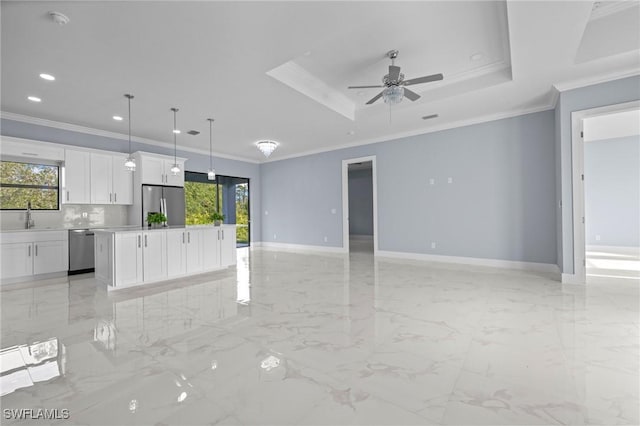 570 Sherwood Ave S, Lehigh Acres, FL 33974 - unfurnished living room featuring crown molding, light marble finish flooring, a ceiling fan, recessed lighting, and baseboards