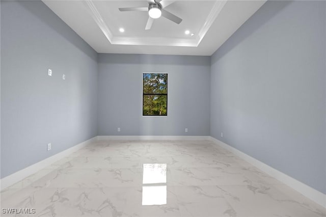 570 Sherwood Ave S, Lehigh Acres, FL 33974 - unfurnished room with ceiling fan, a raised ceiling, baseboards, crown molding, and light marble finish floors