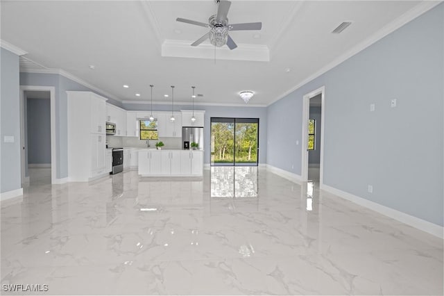 570 Sherwood Ave S, Lehigh Acres, FL 33974 - unfurnished living room with baseboards, ceiling fan, light marble finish flooring, a raised ceiling, and crown molding