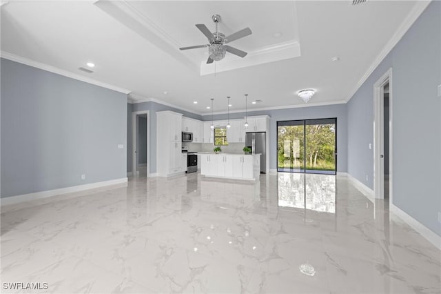 570 Sherwood Ave S, Lehigh Acres, FL 33974 - unfurnished living room featuring a tray ceiling, a ceiling fan, recessed lighting, light marble finish flooring, and baseboards