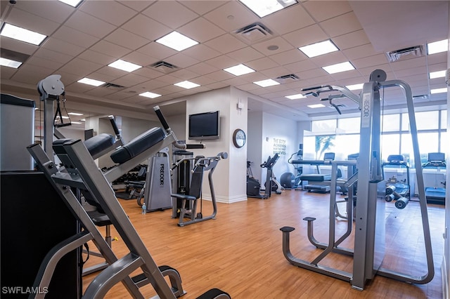 2080 W 1st St Unit 206, Fort Myers, FL 33901 - exercise room with light wood-style flooring, a paneled ceiling, and baseboards
