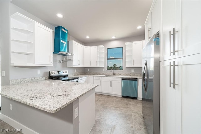 2458 NW 21st Ter, Cape Coral, FL 33993 - kitchen with open shelves, appliances with stainless steel finishes, a sink, a peninsula, and white cabinetry