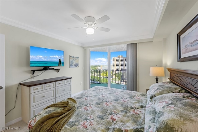 8771 Estero Blvd Unit 807, Fort Myers Beach, FL 33931 - carpeted bedroom with access to outside, baseboards, a ceiling fan, and ornamental molding
