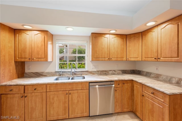 14221 Patty Berg Dr, Fort Myers, FL 33919 - kitchen with dishwasher, a sink, recessed lighting, light countertops, and light tile patterned floors