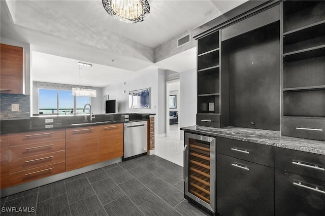 3000 Oasis Grand Blvd Unit 2103, Fort Myers, FL 33916 - kitchen featuring beverage cooler, dishwasher, a chandelier, open shelves, and modern cabinets