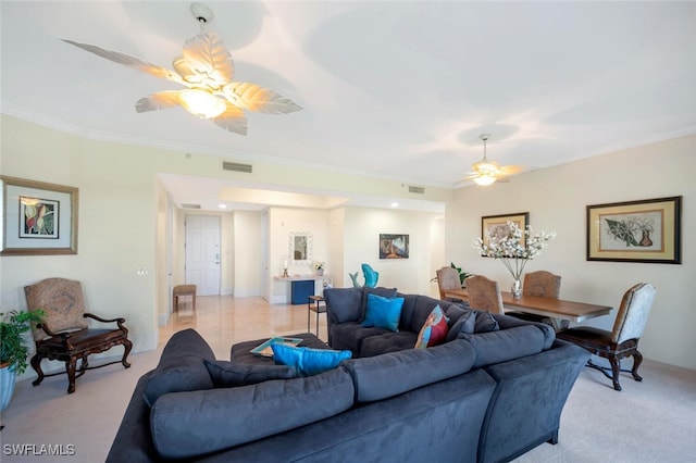 2738 Tiburon Blvd E Unit Ph-B502, Naples, FL 34109 - living room featuring ceiling fan, light colored carpet, and crown molding