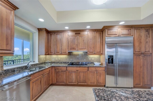 2738 Tiburon Blvd E Unit Ph-B502, Naples, FL 34109 - kitchen featuring appliances with stainless steel finishes, a sink, dark stone counters, brown cabinetry, and recessed lighting