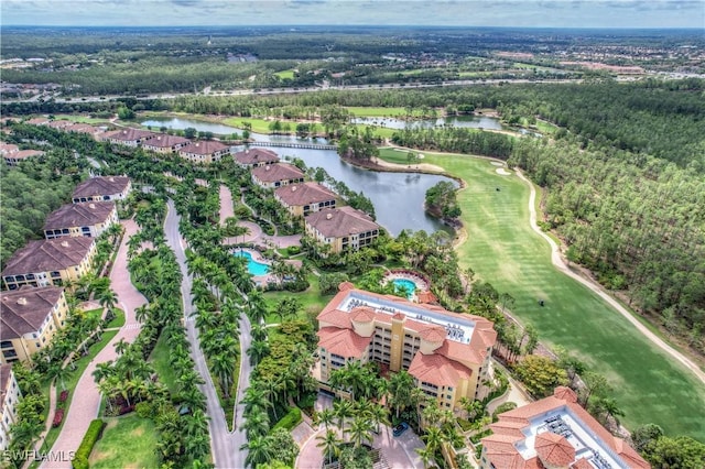 2738 Tiburon Blvd E Unit Ph-B502, Naples, FL 34109 - aerial view of property and surrounding area featuring a nearby body of water, a local golf course, and a heavily wooded area