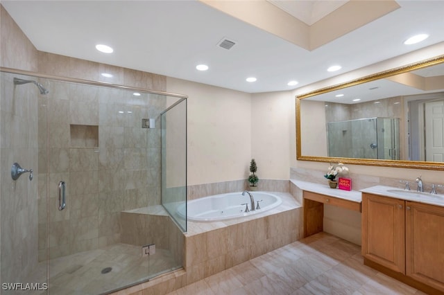 2738 Tiburon Blvd E Unit Ph-B502, Naples, FL 34109 - bathroom featuring a garden tub, a stall shower, vanity, and recessed lighting