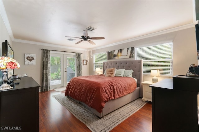 955 Hidden Terrace Rd, Naples, FL 34104 - bedroom featuring access to outside, crown molding, french doors, dark wood finished floors, and a ceiling fan