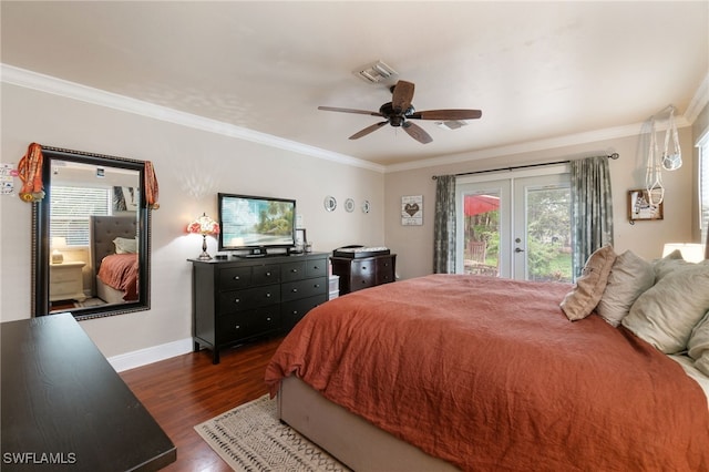 955 Hidden Terrace Rd, Naples, FL 34104 - bedroom with french doors, access to outside, dark wood-style flooring, ornamental molding, and baseboards