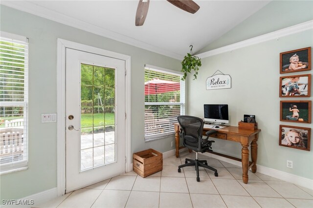 955 Hidden Terrace Rd, Naples, FL 34104 - tiled office with lofted ceiling, crown molding, ceiling fan, and baseboards
