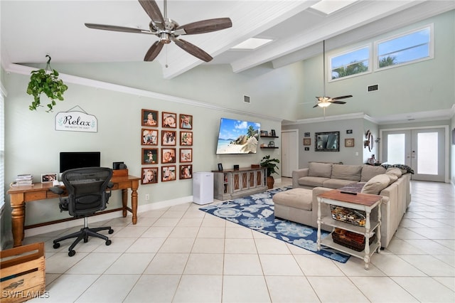 955 Hidden Terrace Rd, Naples, FL 34104 - living area featuring a ceiling fan, an office area, healthy amount of natural light, light tile patterned floors, and high vaulted ceiling