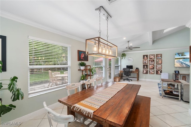955 Hidden Terrace Rd, Naples, FL 34104 - dining area with light tile patterned flooring, ceiling fan, baseboards, an office area, and crown molding