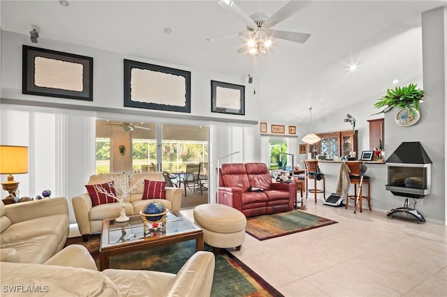 4226 Yarmouth Ct, North Fort Myers, FL 33903 - living area featuring ceiling fan, tile patterned flooring, and a towering ceiling