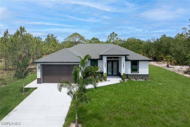 1015 Gerald Ave, Lehigh Acres, FL 33936 - contemporary house with french doors, an attached garage, driveway, and stucco siding