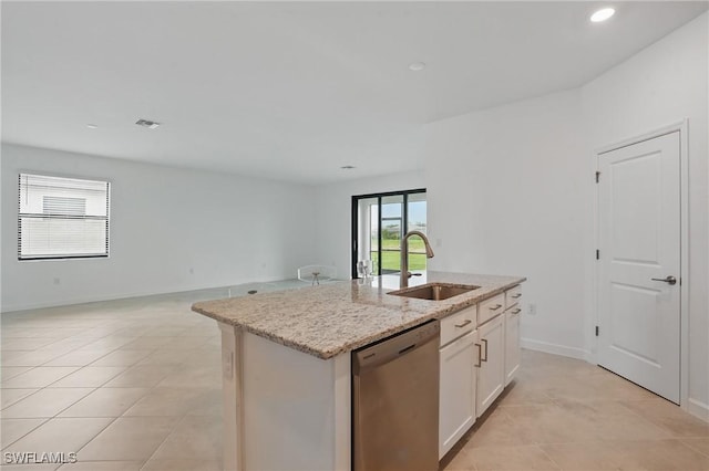 13952 Hunter Oak Dr, Fort Myers, FL 33913 - kitchen featuring stainless steel dishwasher, a sink, an island with sink, open floor plan, and light tile patterned flooring