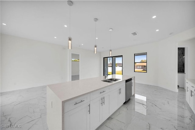 3034 Chiquita Blvd N, Cape Coral, FL 33993 - kitchen with a sink, light marble finish flooring, stainless steel dishwasher, open floor plan, and recessed lighting