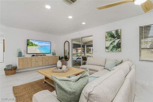 5127 SW 3rd Ave, Cape Coral, FL 33914 - living area with light marble finish flooring, recessed lighting, and a ceiling fan