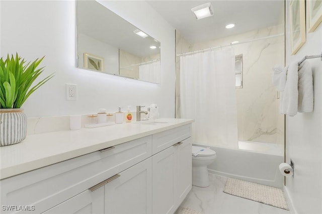 5127 SW 3rd Ave, Cape Coral, FL 33914 - bathroom with vanity, toilet, shower / bath combination with curtain, marble look tiles, and recessed lighting