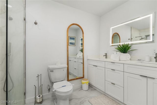5127 SW 3rd Ave, Cape Coral, FL 33914 - bathroom featuring marble look tiles, double vanity, toilet, and a shower