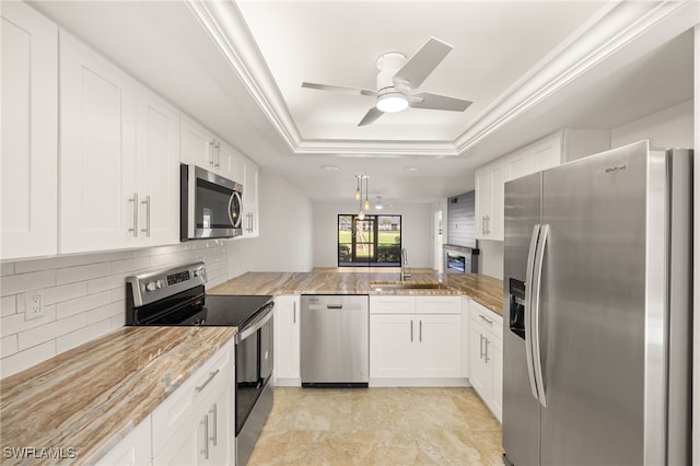 16290 Kelly Cove Dr Unit 253, Fort Myers, FL 33908 - kitchen featuring stainless steel appliances, a sink, a tray ceiling, ceiling fan, and white cabinets