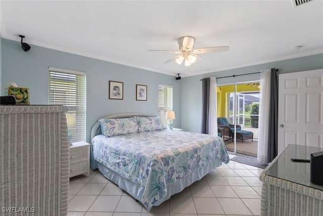 608 SW 43rd Ter, Cape Coral, FL 33914 - bedroom featuring access to exterior, ornamental molding, light tile patterned floors, and a ceiling fan