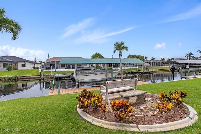 608 SW 43rd Ter, Cape Coral, FL 33914 - dock area with boat lift, a water view, a lawn, and a residential view