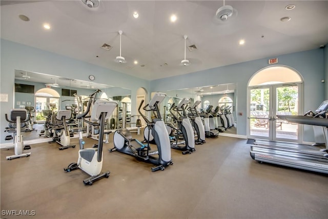5912 Tarpon Gardens Cir Unit 201, Cape Coral, FL 33914 - exercise room with plenty of natural light, recessed lighting, french doors, and baseboards