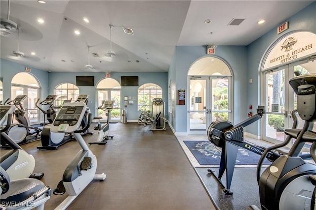 5912 Tarpon Gardens Cir Unit 201, Cape Coral, FL 33914 - gym featuring french doors, healthy amount of natural light, baseboards, recessed lighting, and a ceiling fan
