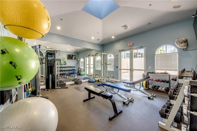 5912 Tarpon Gardens Cir Unit 201, Cape Coral, FL 33914 - exercise room with french doors, vaulted ceiling, and recessed lighting