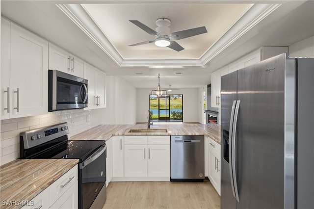 16410 Kelly Cove Dr Unit 313, Fort Myers, FL 33908 - kitchen featuring appliances with stainless steel finishes, a tray ceiling, a sink, light wood-style floors, and white cabinetry