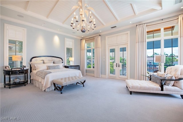 2001 4th St S, Naples, FL 34102 - bedroom featuring access to outside, carpet floors, french doors, a chandelier, and ornamental molding