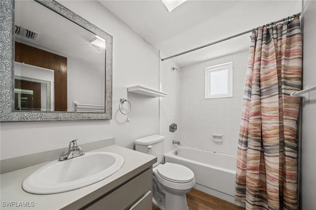 1237 SE 24th Ave Unit A, Cape Coral, FL 33990 - full bathroom featuring toilet, vanity, shower / bathtub combination with curtain, and wood finished floors