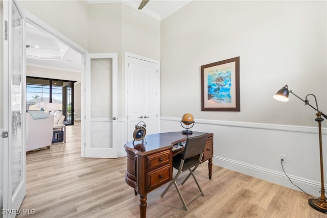 4324 SW 26th Ave, Cape Coral, FL 33914 - home office featuring crown molding, wood finished floors, baseboards, and french doors
