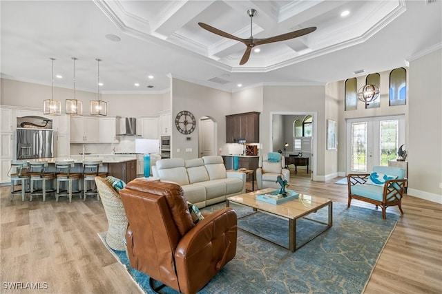 4324 SW 26th Ave, Cape Coral, FL 33914 - living room with a ceiling fan, ornamental molding, light wood-type flooring, baseboards, and recessed lighting