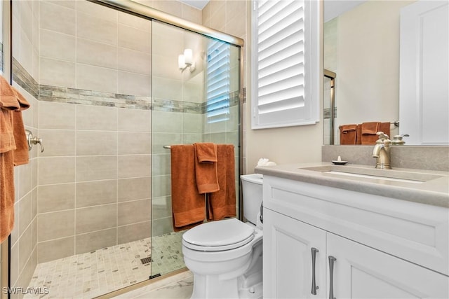 4324 SW 26th Ave, Cape Coral, FL 33914 - bathroom featuring vanity, a stall shower, toilet, and marble finish floors