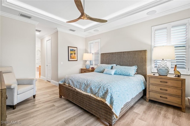 4324 SW 26th Ave, Cape Coral, FL 33914 - bedroom with light wood-style flooring, ornamental molding, baseboards, and a ceiling fan