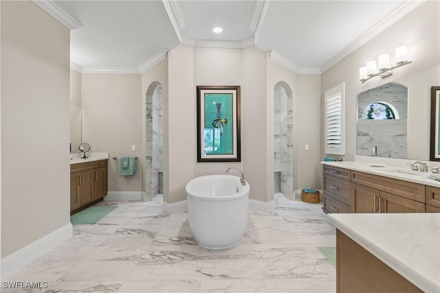 4324 SW 26th Ave, Cape Coral, FL 33914 - full bath with a marble finish shower, marble look tile flooring, two vanities, baseboards, and a freestanding bath