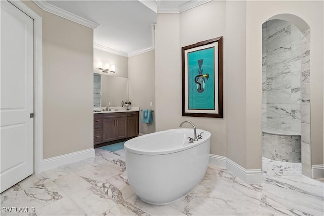 4324 SW 26th Ave, Cape Coral, FL 33914 - bathroom with marble finish floors, a freestanding bath, vanity, ornamental molding, and a tile shower