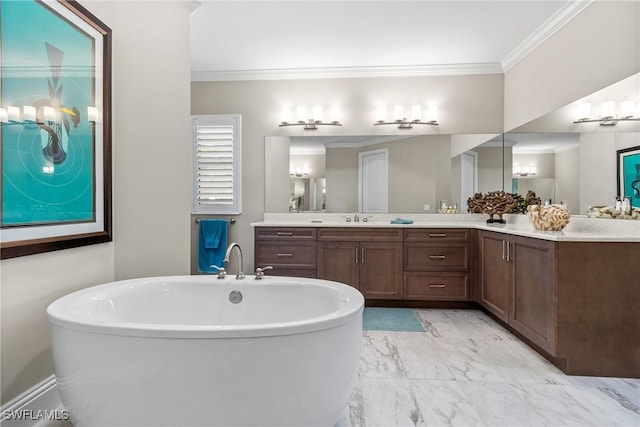 4324 SW 26th Ave, Cape Coral, FL 33914 - bathroom with a soaking tub, marble finish floors, vanity, and ornamental molding