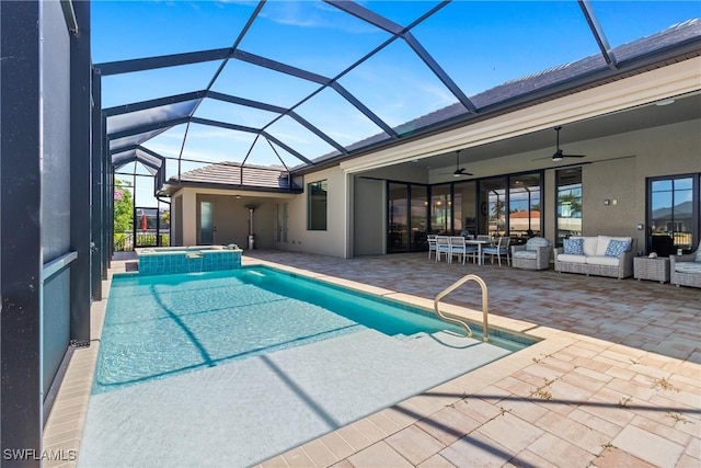 4324 SW 26th Ave, Cape Coral, FL 33914 - view of swimming pool featuring a ceiling fan, a patio area, an outdoor hangout area, and glass enclosure