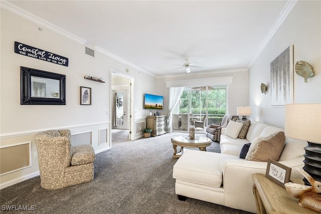14550 Red Fox Run Unit 407, Naples, FL 34110 - carpeted living area featuring crown molding, ceiling fan, and wainscoting