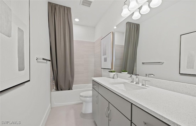 12412 Basalt Ln, Alva, FL 33982 - full bath featuring vanity, shower / tub combo with curtain, toilet, and baseboards