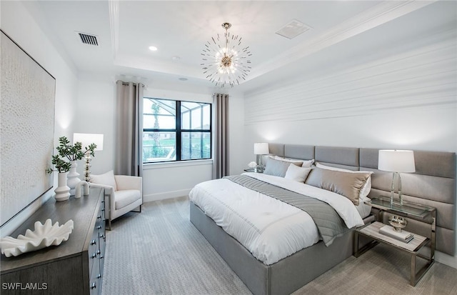 12412 Basalt Ln, Alva, FL 33982 - carpeted bedroom with a chandelier, a raised ceiling, recessed lighting, baseboards, and crown molding