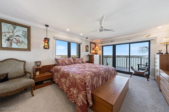 1100 S Collier Blvd Unit 1025, Marco Island, FL 34145 - bedroom with access to exterior, light carpet, crown molding, a water view, and recessed lighting