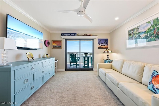 1100 S Collier Blvd Unit 1025, Marco Island, FL 34145 - living area featuring ornamental molding, ceiling fan, light carpet, and baseboards